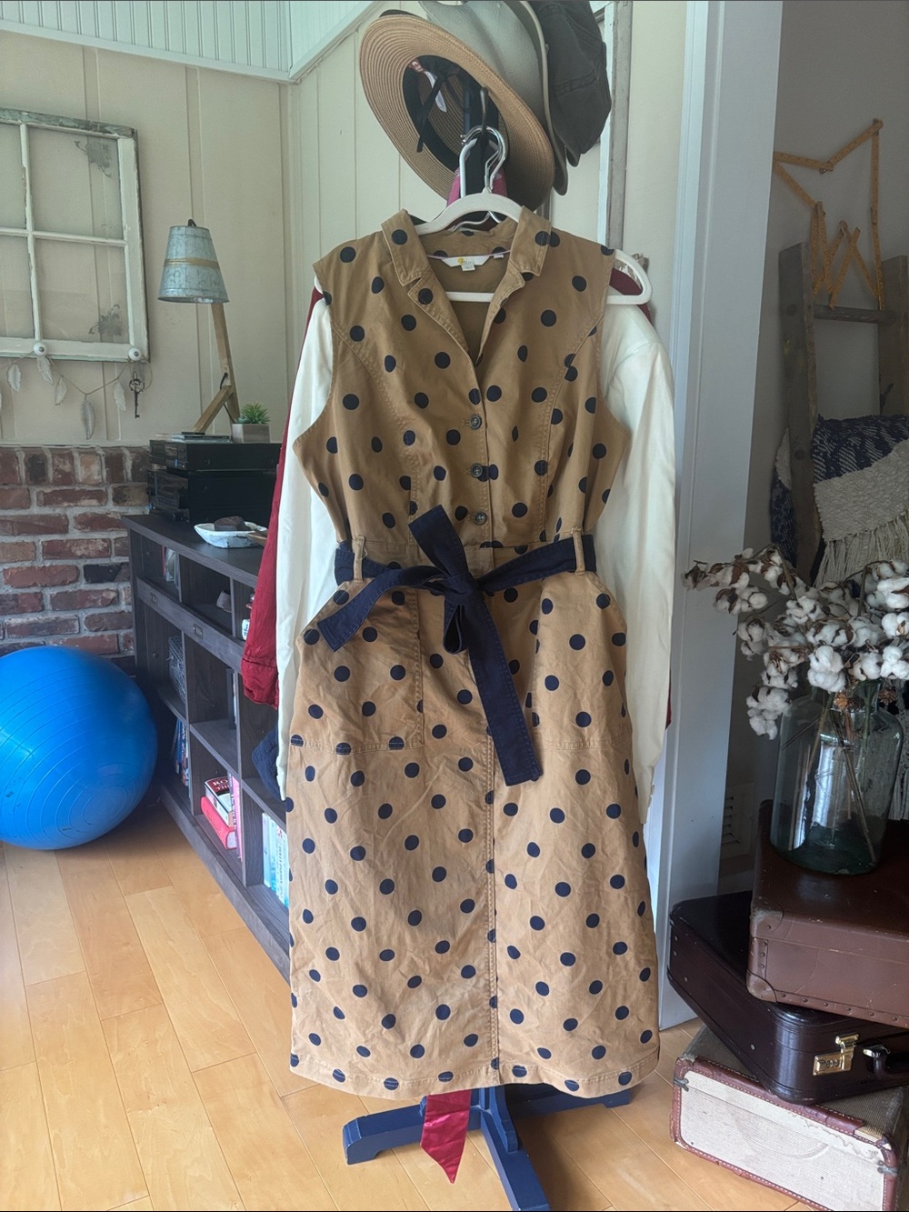 Boden Tan Midi Shirt Dress with Black Polka Dots and Black Waist Tie